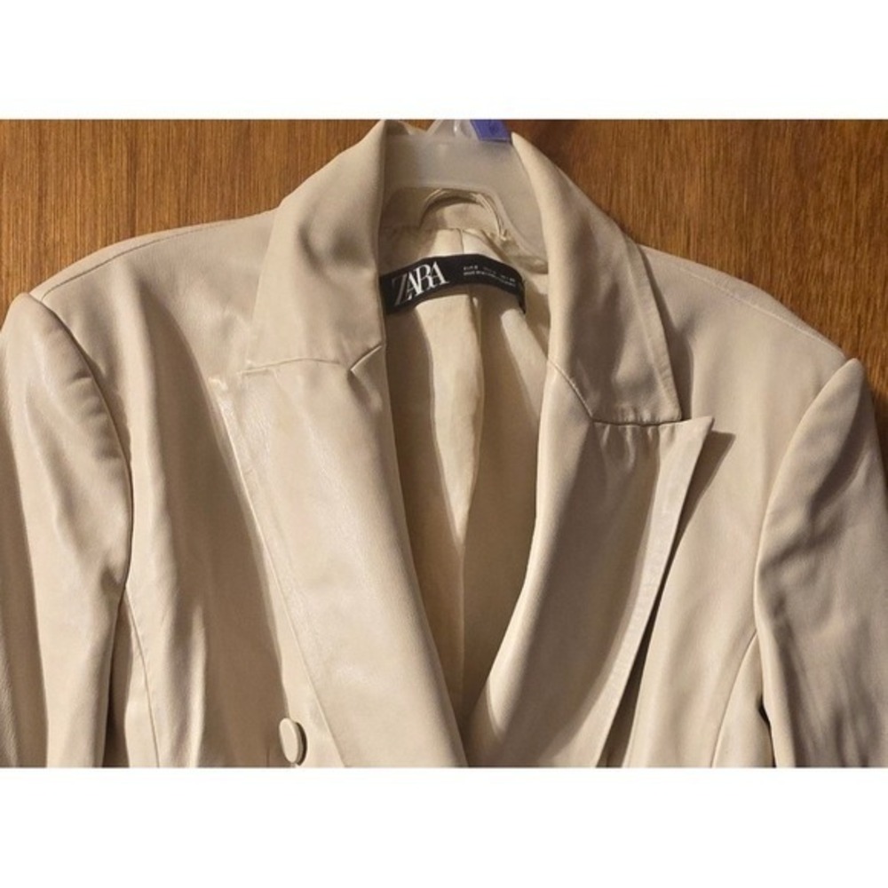ZARA Faux Leather Double Breasted Blazer Jacket Cream Neutral Chic Office Small